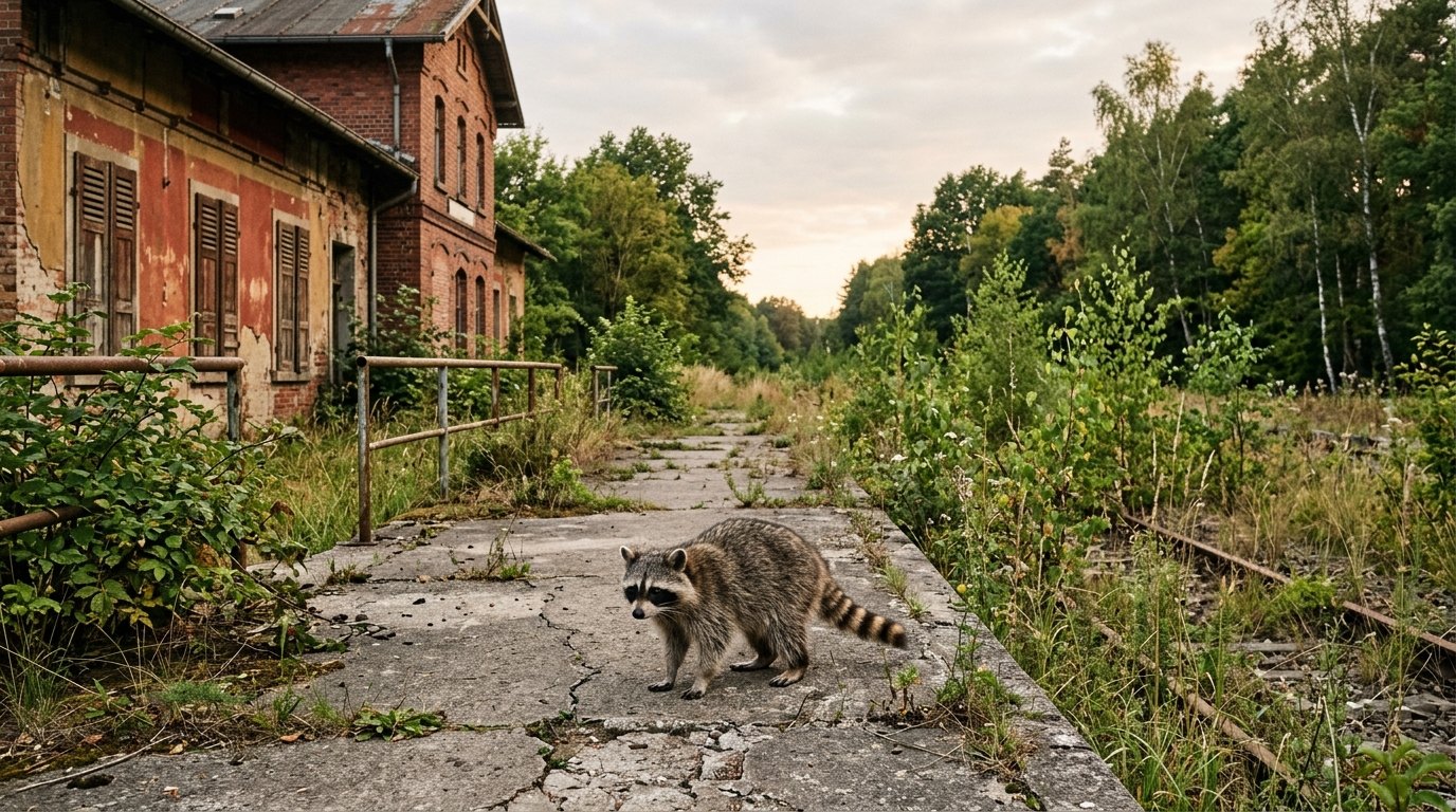 Rentenkommission Satire: Waschbär steht auf dem Bahnsteig eines stillgelegten Landbahnhofs, das Gleis ist überwachsen