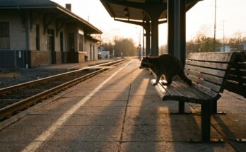 Waschbär sitzt auf einer Bank auf einem Bahnsteig, im Hintergrund geht die Sonne unter
