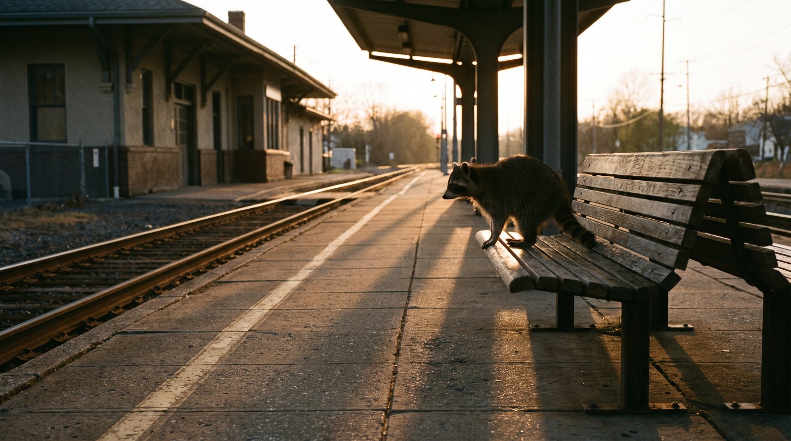 Waschbär sitzt auf einer Bank auf einem Bahnsteig, im Hintergrund geht die Sonne unter