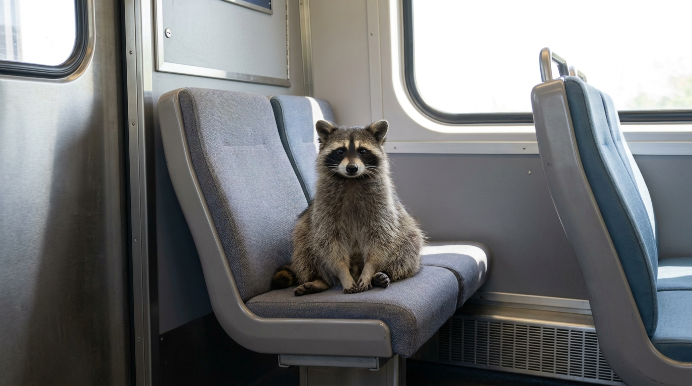 Sitzplatzreservierung Satire: Waschbär zeigt im Zug auf eine leere Reservierungsanzeige über den Sitzen