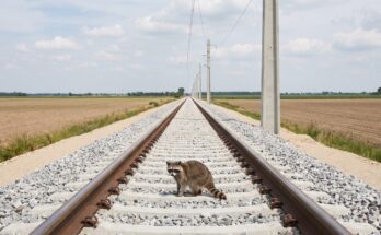 Waschbär steht auf einem frisch geschotterten Gleisabschnitt zwischen zwei Feldern