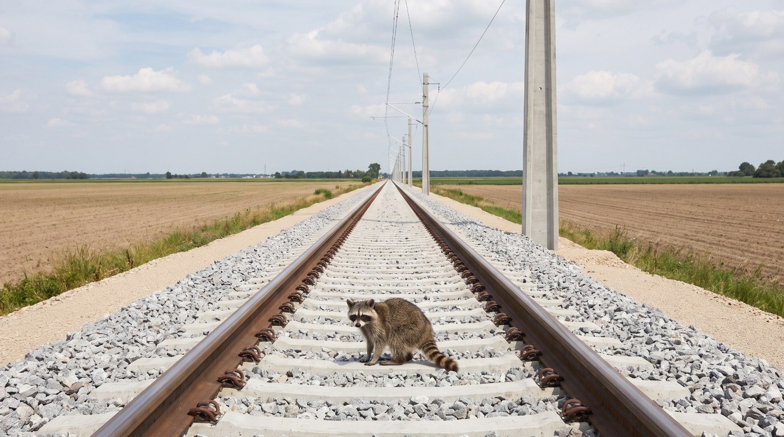 Waschbär steht auf einem frisch geschotterten Gleisabschnitt zwischen zwei Feldern