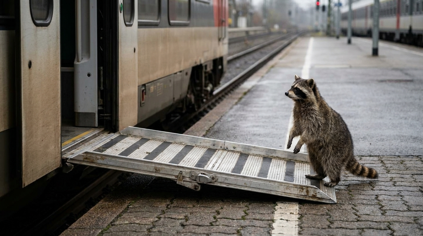 Rampe Satire: Waschbär steht neben einer mobilen Einstiegsrampe an einem Bahnsteig