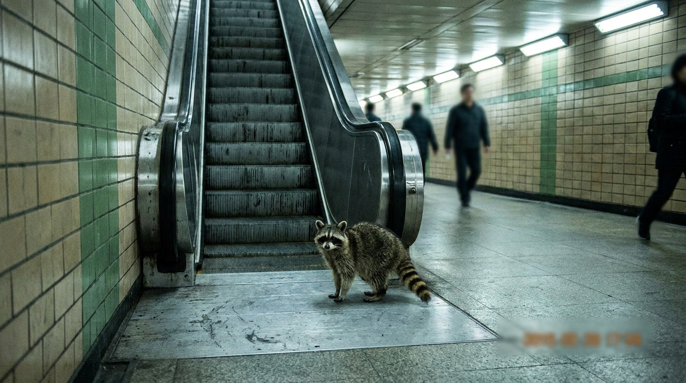 Rolltreppe Satire: Waschbär steht am Fuß einer stillstehenden Rolltreppe in einer Bahnhofsunterführung