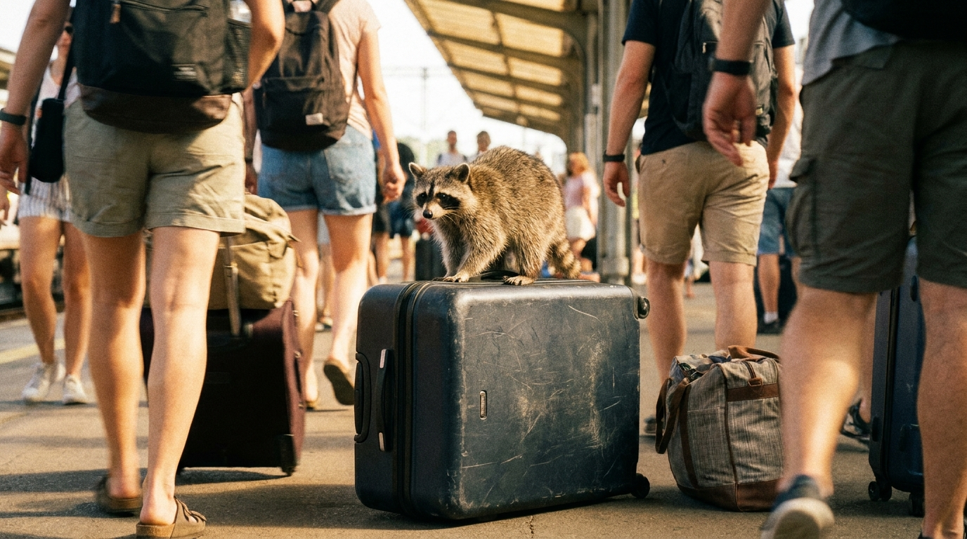 Rückreisewelle Bahn Satire: Waschbär sitzt mit einem Koffer auf einem vollen Bahnsteig im Sommer