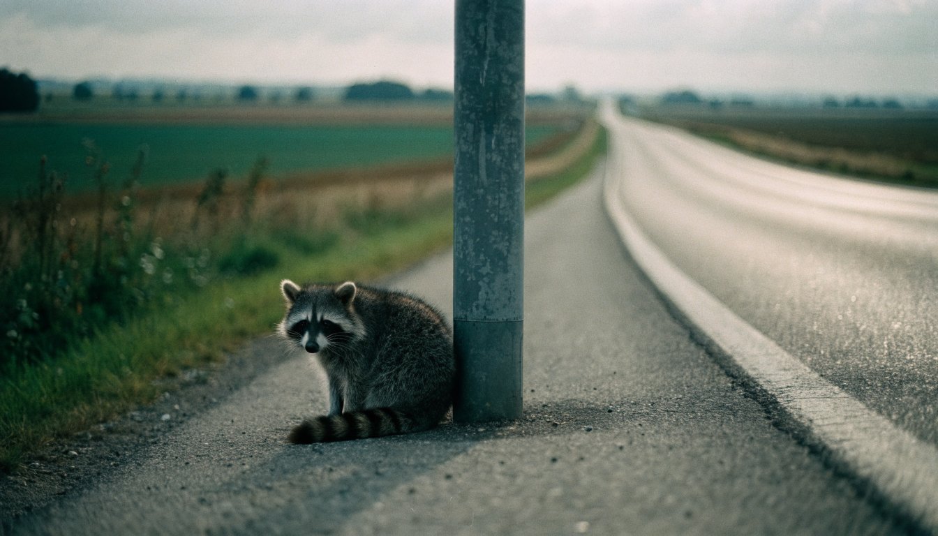 Rufbus Bestellschluss Satire: Waschbär sitzt am Fuß eines einzelnen Haltestellenmastes an einer leeren Landstraße