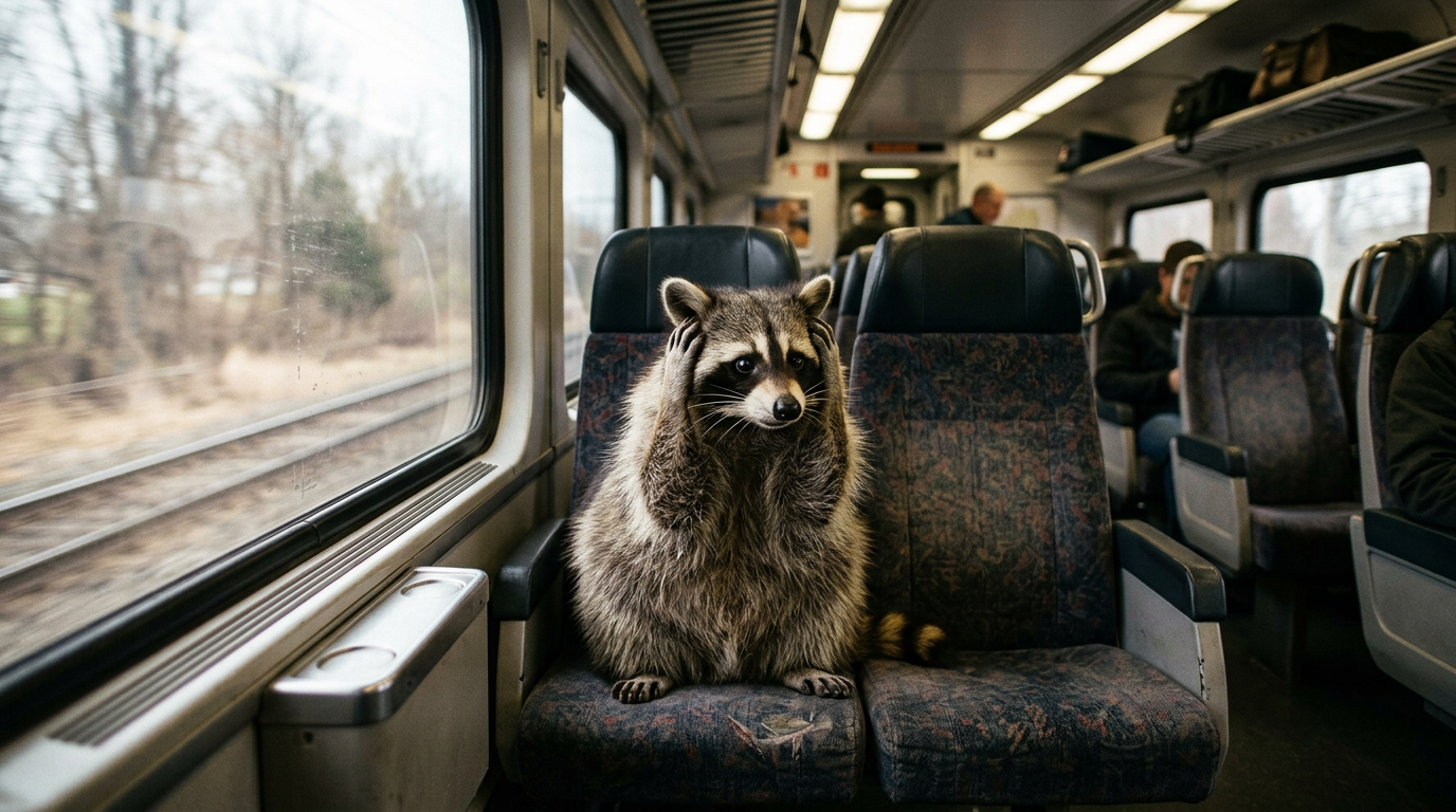 Ruhebereich Satire: Waschbär sitzt in einem Zugabteil und hält sich beide Pfoten an die Ohren