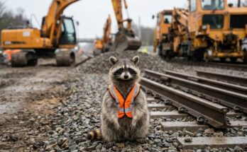 Generalsanierung Satire: Waschbär mit Warnweste sitzt auf einem Gleis vor Baumaschinen