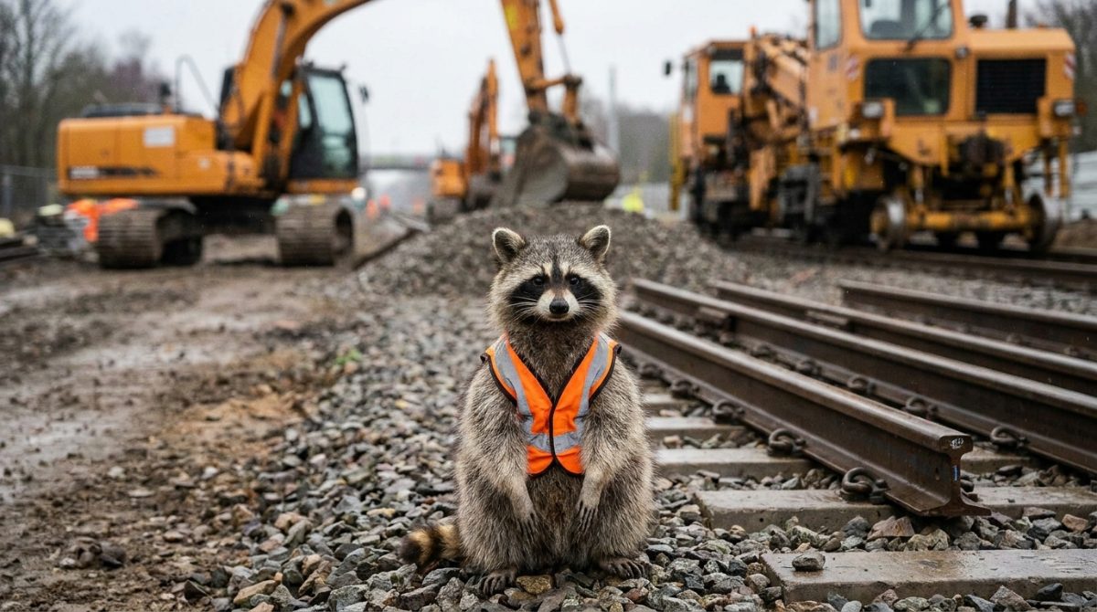 Generalsanierung Satire: Waschbär mit Warnweste sitzt auf einem Gleis vor Baumaschinen