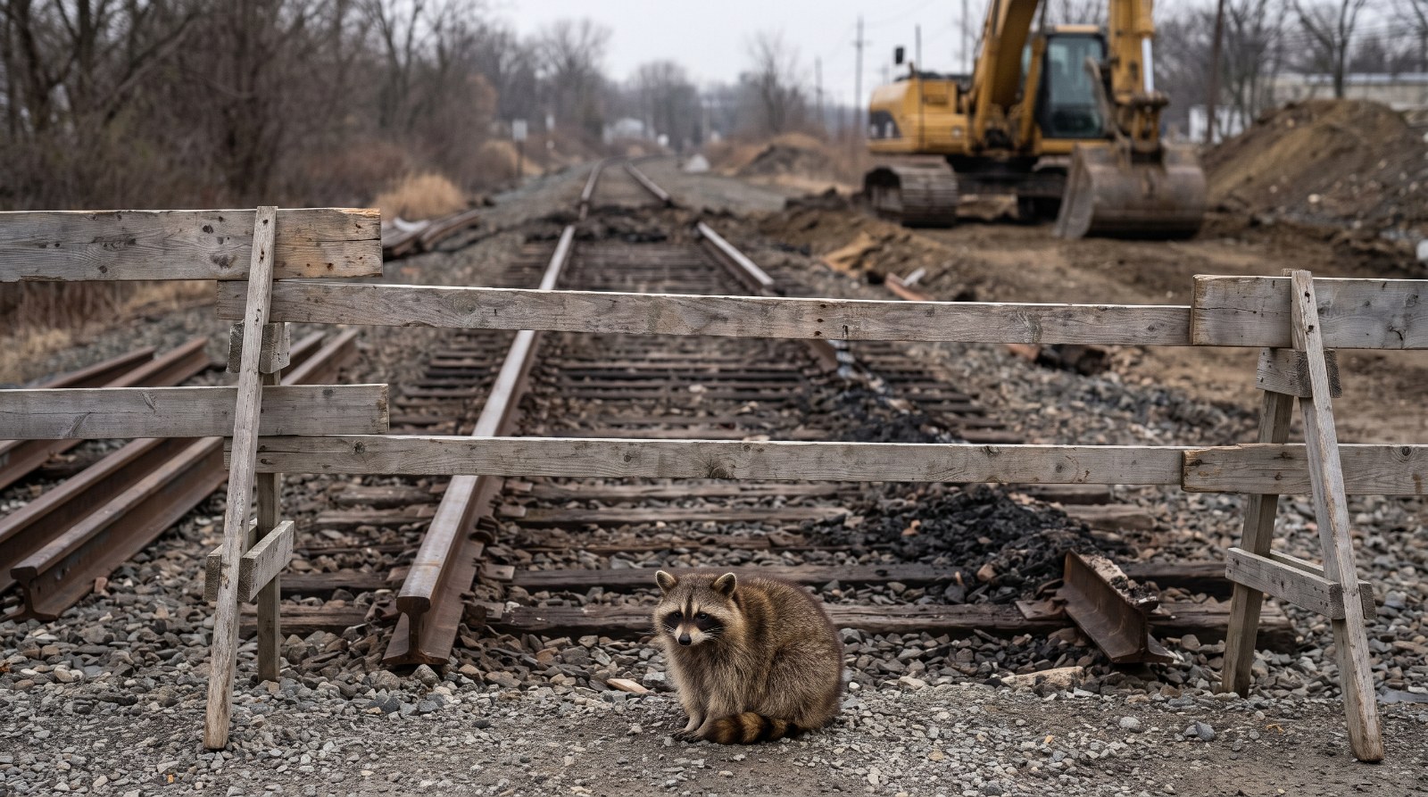 Waschbär steht vor einem gesperrten Streckenabschnitt mit Bauzaun und offenem Schotterbett