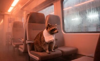 ICE Klimaanlage Satire: Waschbär sitzt mit Handtuch über den Schultern im dampfigen Zugabteil