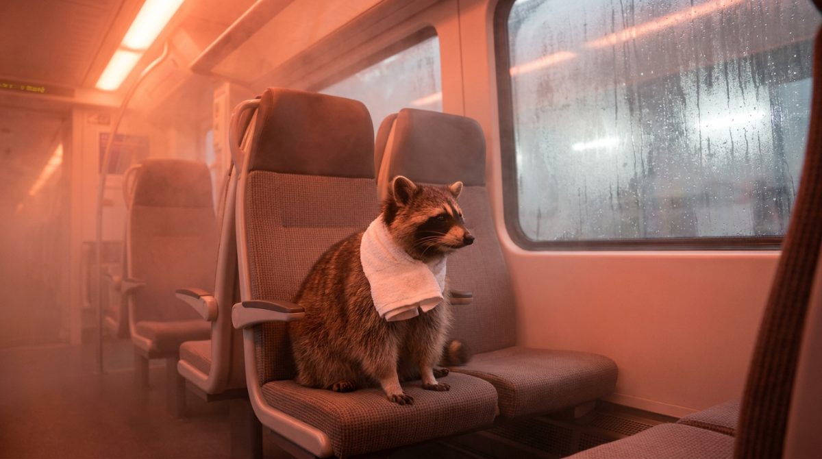 ICE Klimaanlage Satire: Waschbär sitzt mit Handtuch über den Schultern im dampfigen Zugabteil