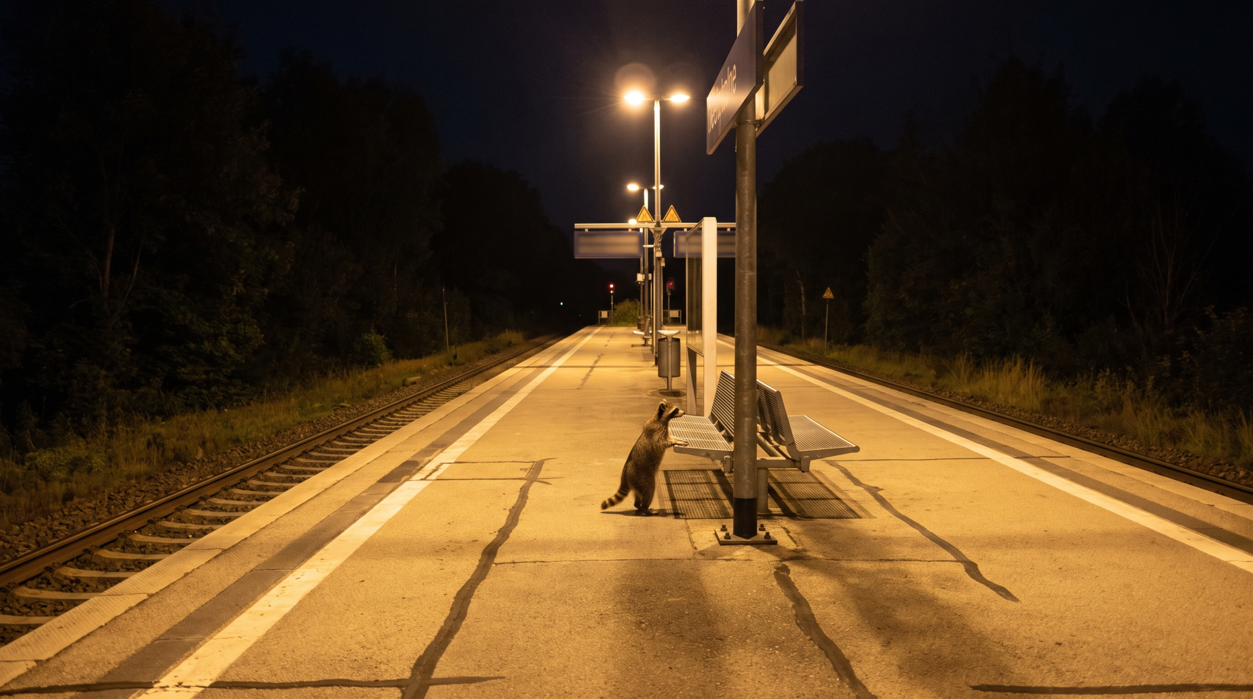 Schichtplan Satire: Waschbär steht nachts allein auf einem beleuchteten leeren Bahnsteig