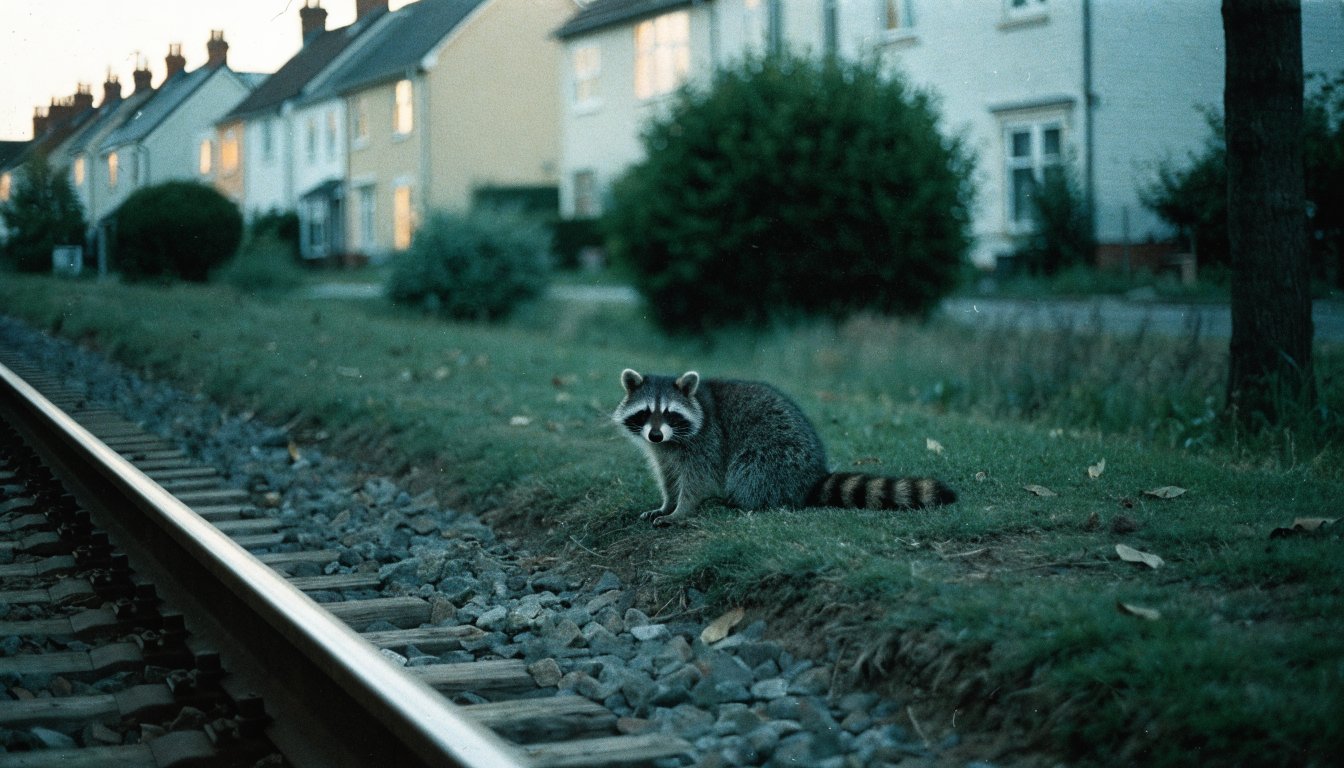 Schienenbonus Berechnung Satire: Waschbär sitzt auf einer Bahndammböschung direkt neben Gleisen am Rand eines Wohngebiets