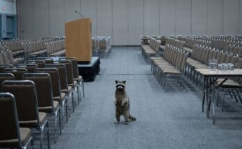 Waschbär steht in einem großen leeren Konferenzsaal mit Stuhlreihen