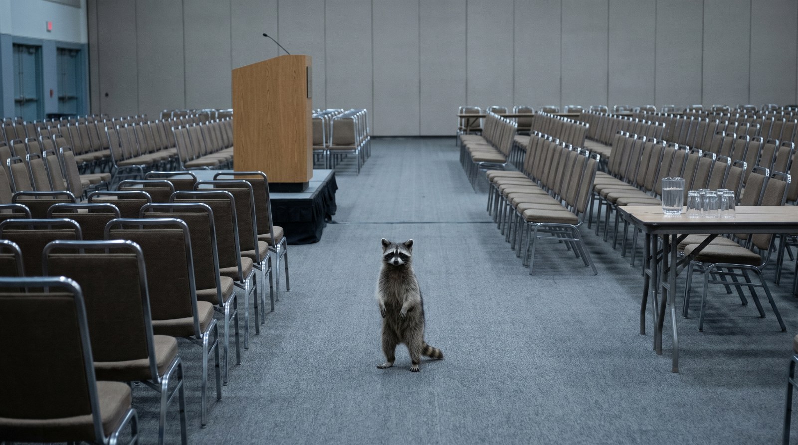 Waschbär steht in einem großen leeren Konferenzsaal mit Stuhlreihen