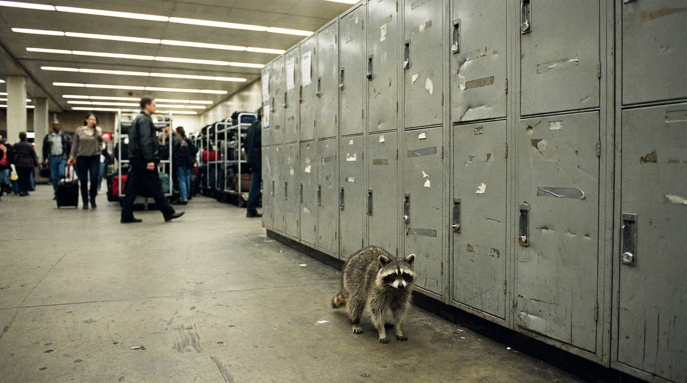 Schließfach Satire: Waschbär steht vor einer Wand aus metallenen Schließfächern in einer Bahnhofshalle