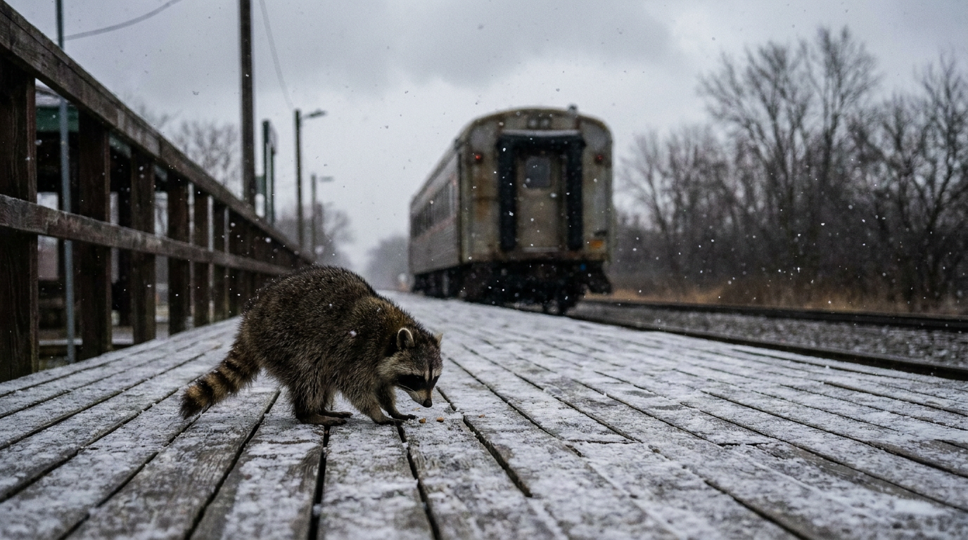 Schnee Bahn Satire: Waschbär steht auf einem leicht verschneiten Bahnsteig bei grauem Himmel