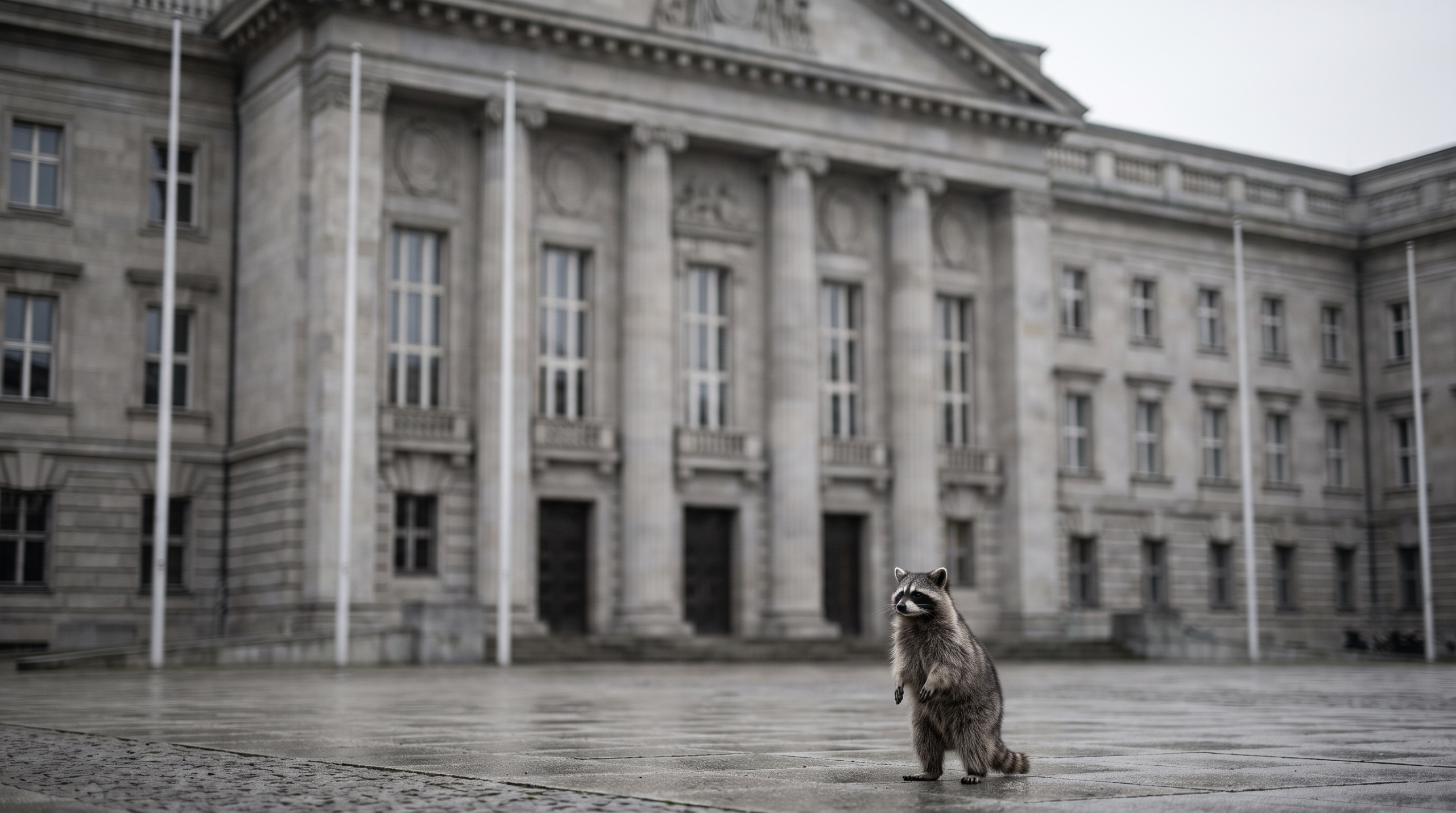 Verkehrsminister Satire: Waschbär steht vor einem Ministeriumsgebäude mit Fahne