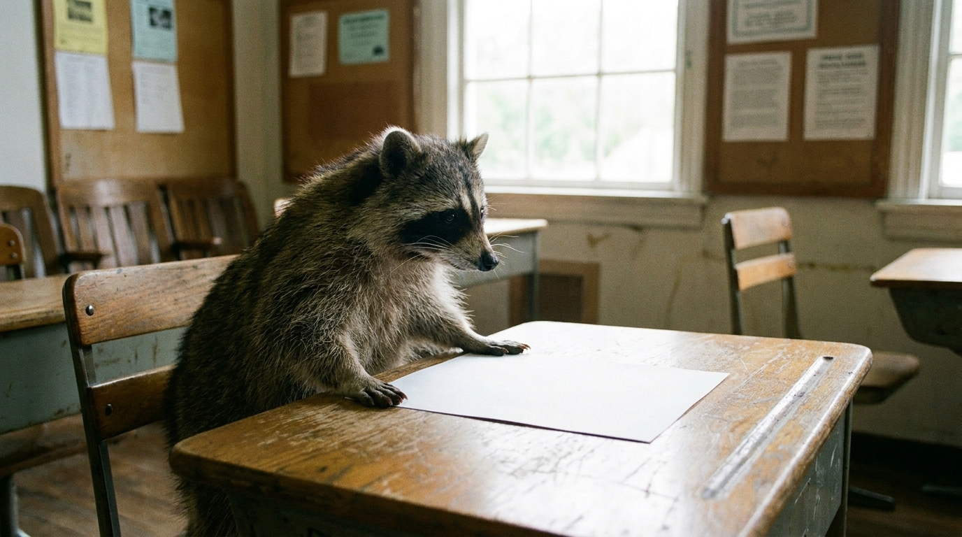Schulnoten Satire: Waschbär sitzt an einem Schultisch vor einem leeren Blatt Papier