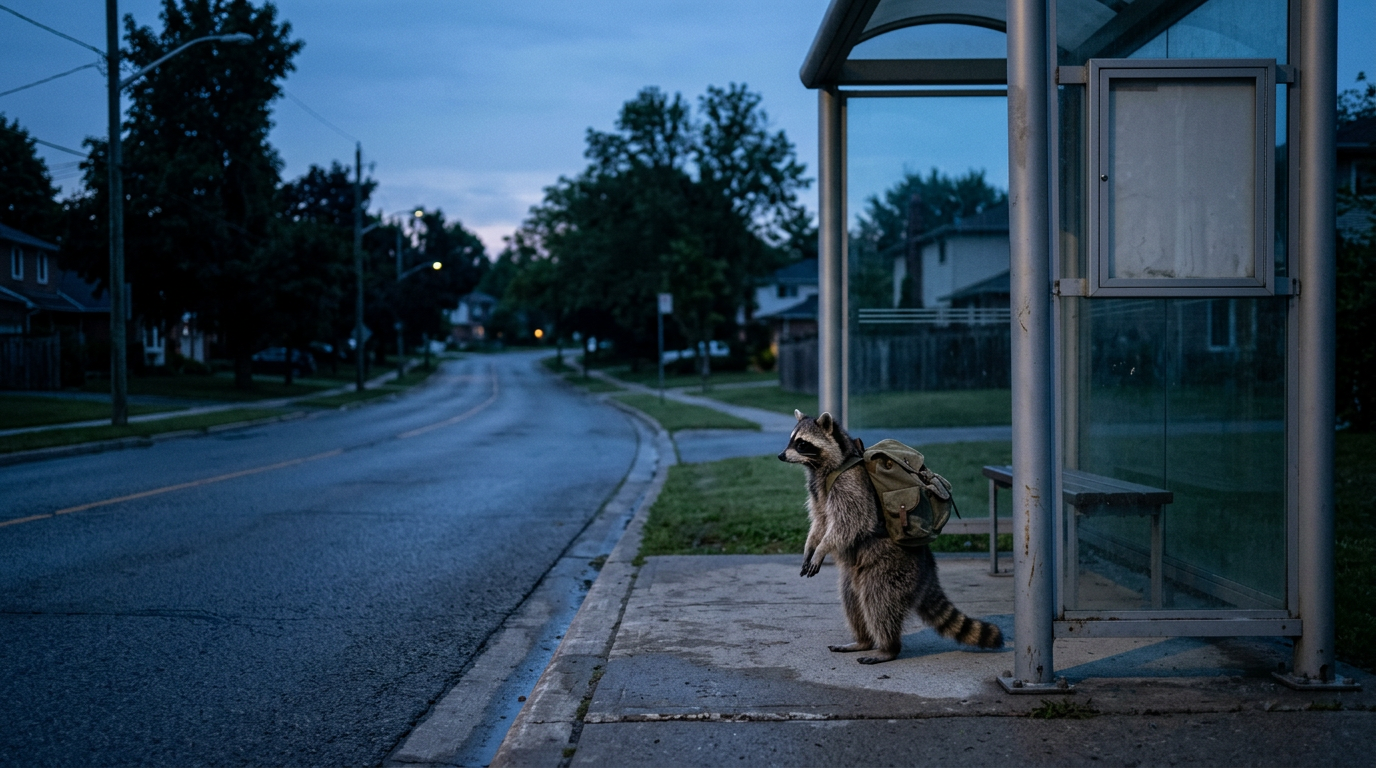 Schulweg Satire: Waschbär steht mit einem kleinen Rucksack an einer Bushaltestelle im Morgengrauen