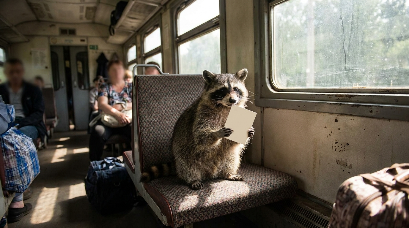 Beförderungsentgelt Satire: Waschbär sitzt auf einem Zugsitz und hält eine kleine Papierkarte hoch