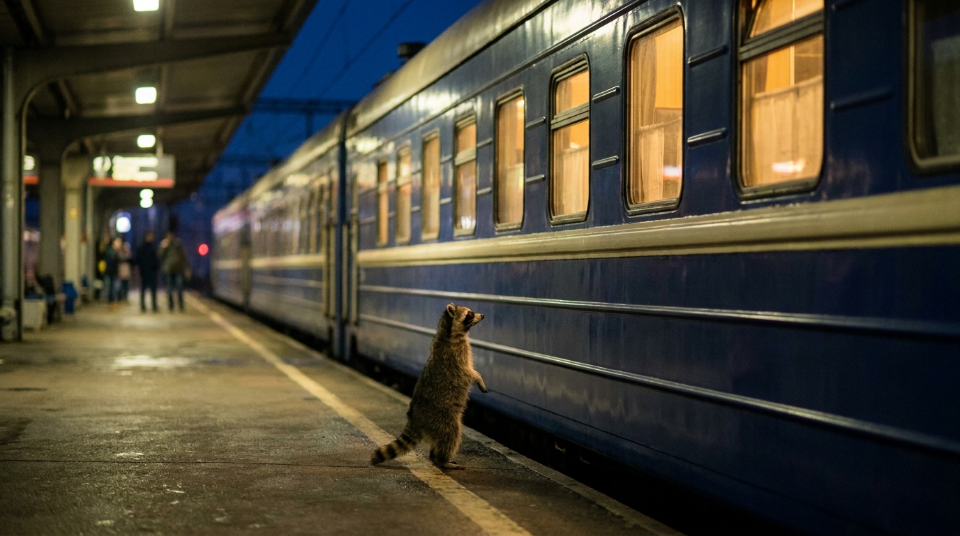Nachtzug Satire: Waschbär steht nachts auf einem Bahnsteig neben einem Schlafwagen