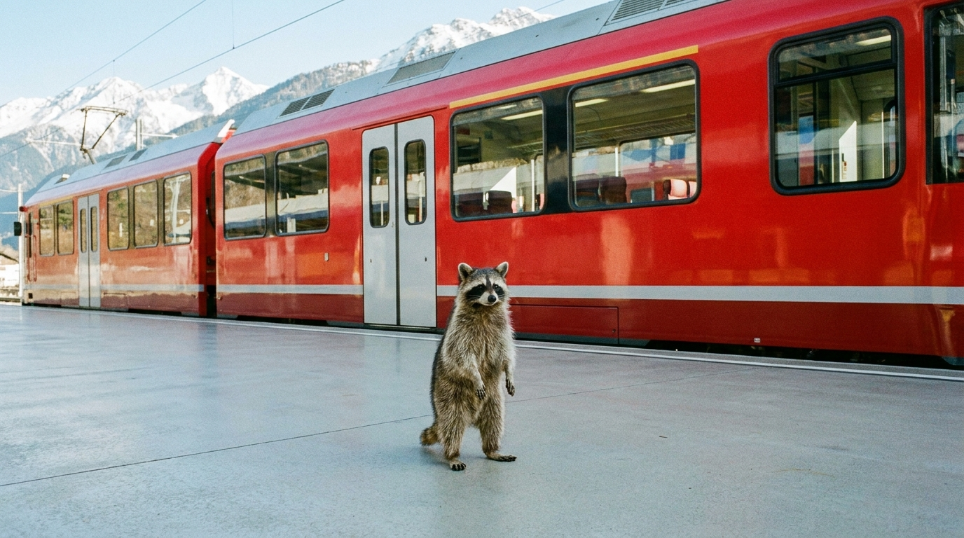 Schweiz Taktfahrplan Satire: Waschbär steht auf einem sehr sauberen Bahnsteig vor einem roten Regionalzug