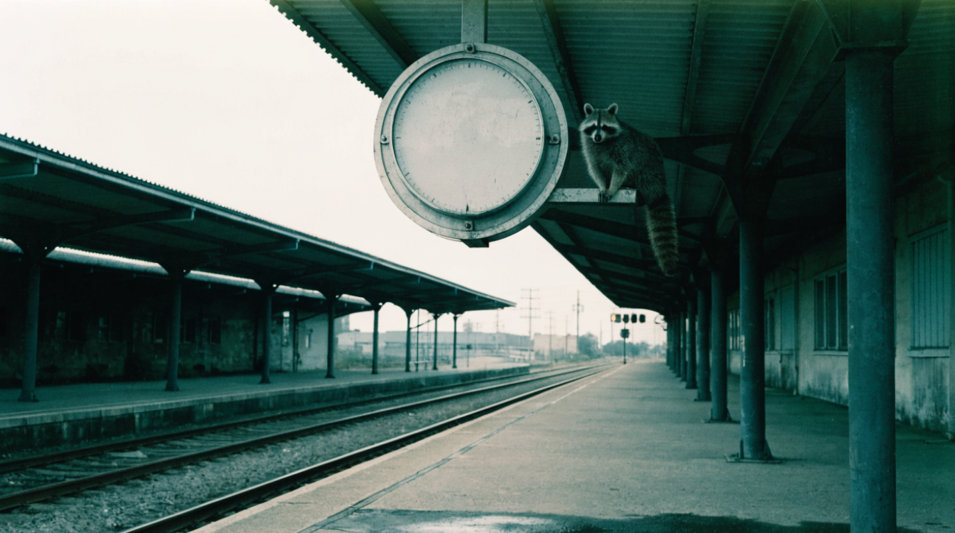 Sekundengenaue Messung Satire: Waschbär sitzt an der Halterung einer großen Bahnhofsuhr mit leerem Zifferblatt