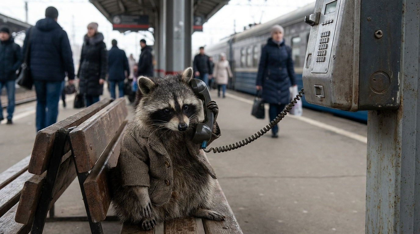 Servicenummer Satire: Waschbär hält sich ein altes Telefon ans Ohr und sitzt dabei auf einer Bahnsteigbank