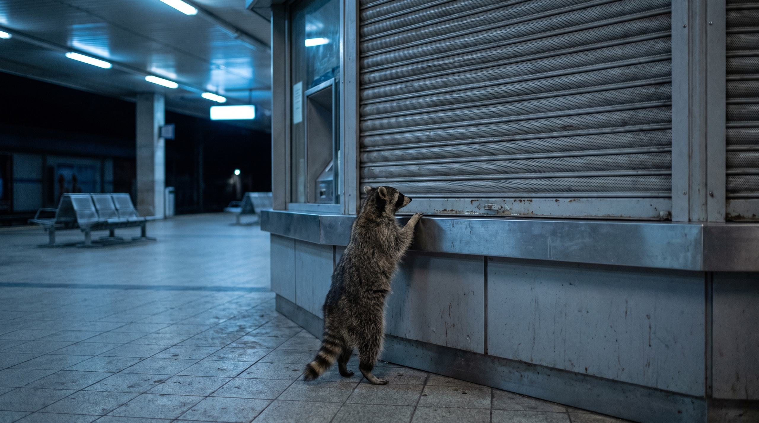 Servicequalität Satire: Waschbär steht vor einem geschlossenen Servicecounter im Bahnhof