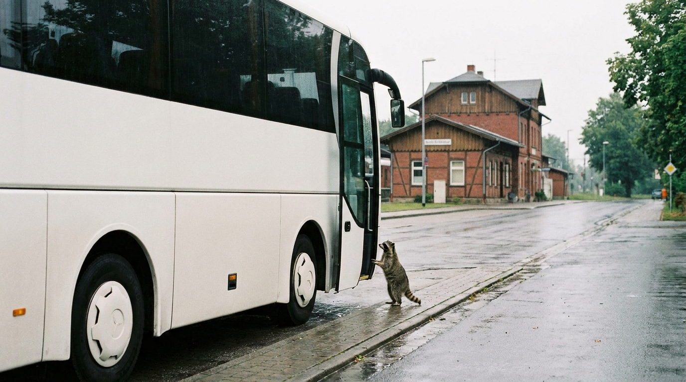 Ersatzverkehr Satire: Waschbär steht neben einem Reisebus an einer Haltestelle vor einem Bahnhof