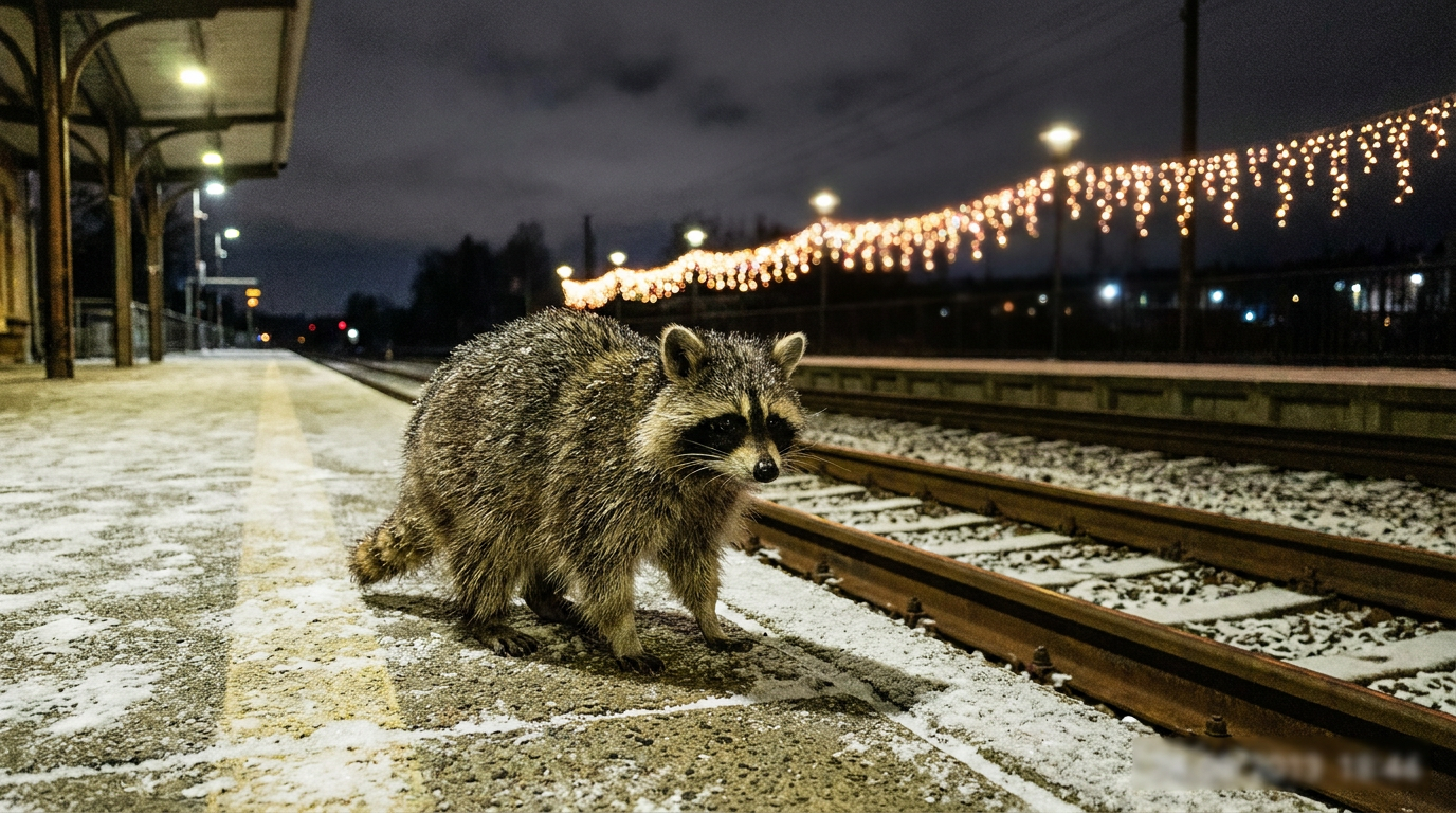 Silvester Satire: Waschbär steht nachts auf einem Bahnsteig, im Hintergrund ferne Lichter am Himmel