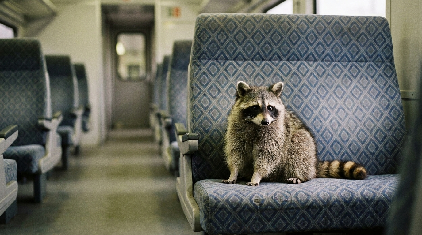 Polster Satire: Waschbär sitzt auf einem gemusterten Zugsitz in einem leeren Wagen