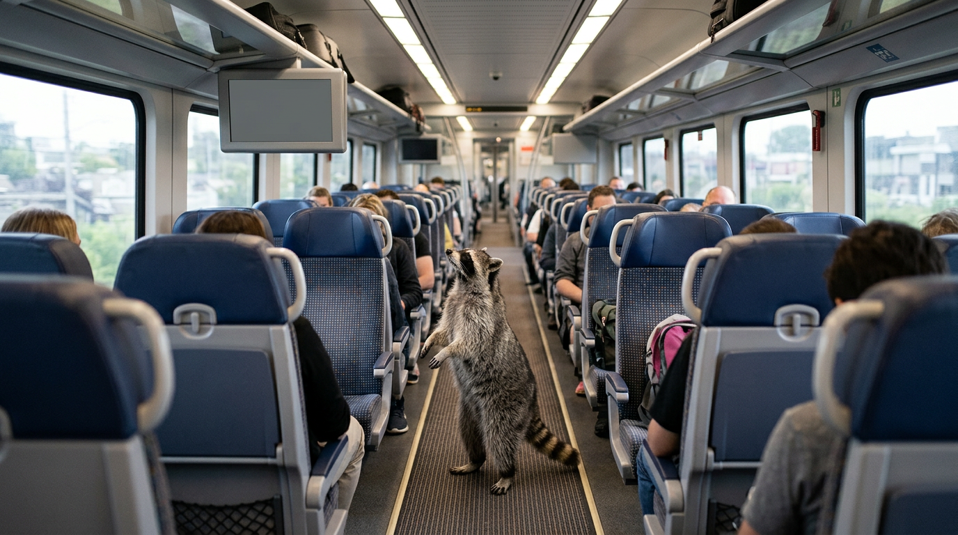 Sitzplatzanzeige Satire: Waschbär steht im Gang eines Zugwaggons und blickt auf die Anzeige über einem Sitz