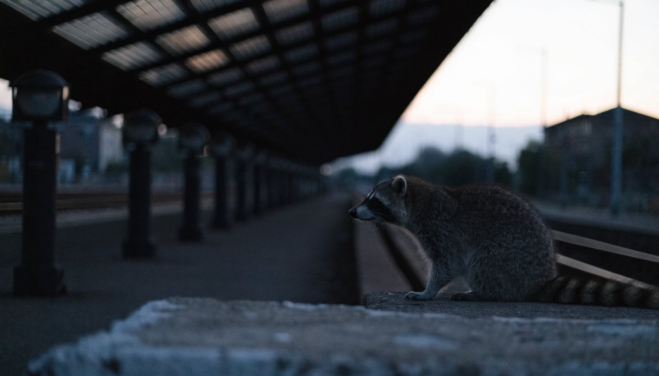 Solardach Bahnsteig Satire: Waschbär sitzt unter einem Bahnsteigdach mit Solarmodulen, die Lampen darunter sind aus