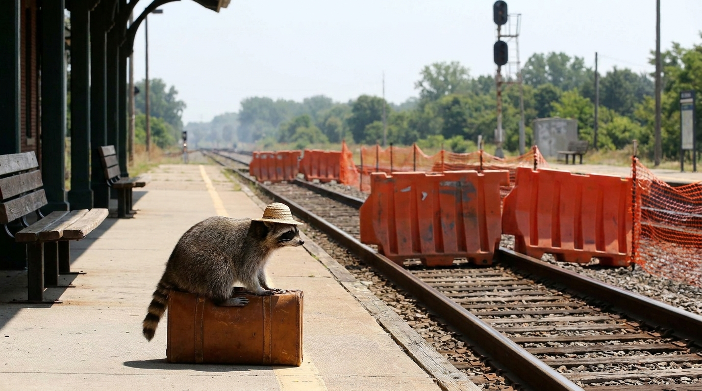 Streckensperrung Sommerferien Satire: Waschbär mit Strohhut sitzt auf einem Koffer am leeren gesperrten Bahnsteig