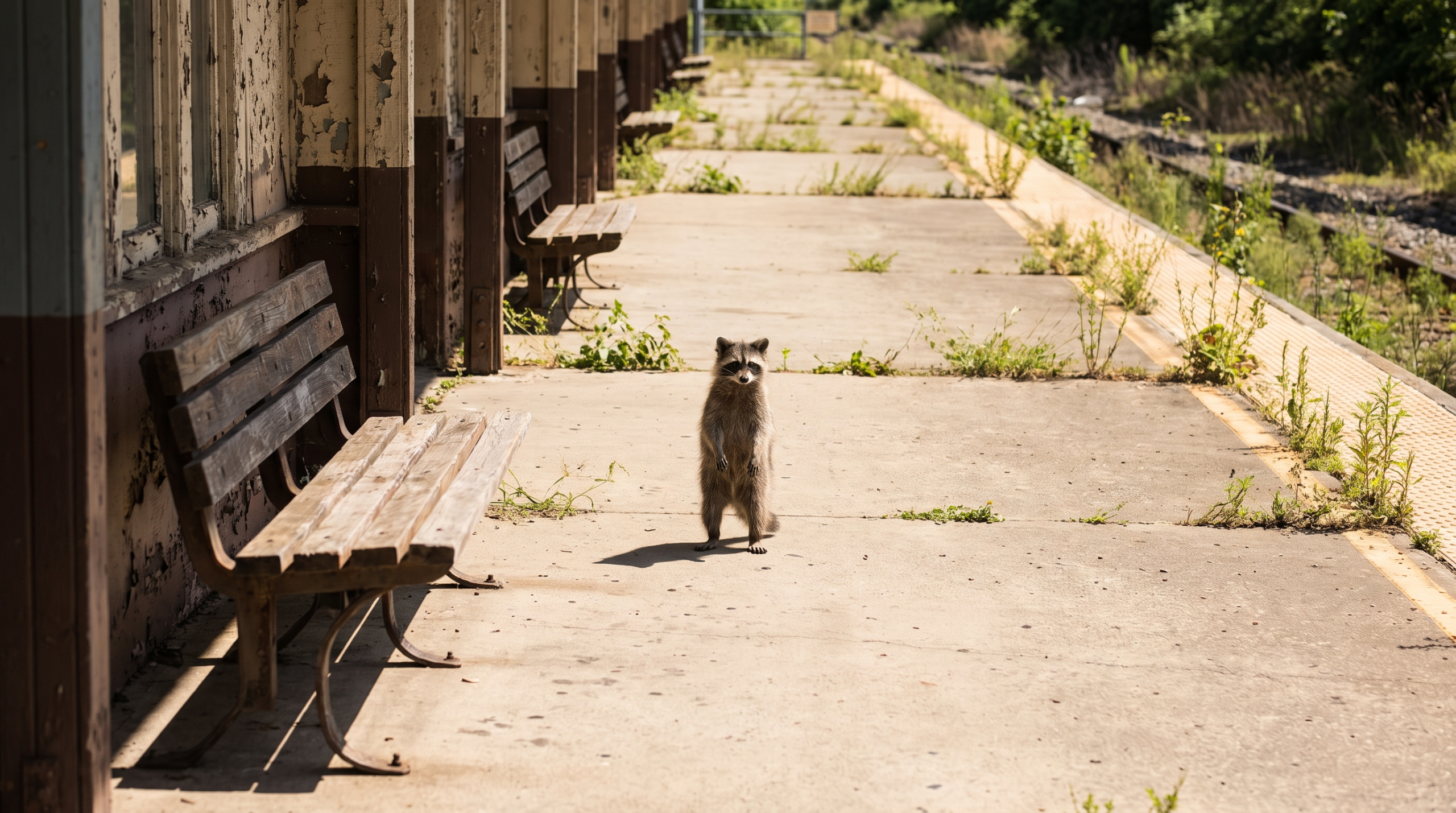 Sommerpause Satire: Waschbär steht auf einem leeren Bahnsteig in gleißendem Sommerlicht