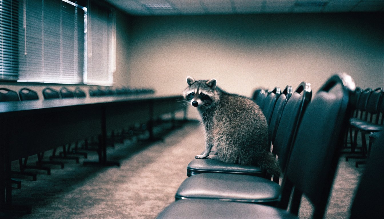 Sondersitzung Pünktlichkeit Satire: Waschbär sitzt allein auf einem Stuhl in einem leeren nüchternen Sitzungsraum