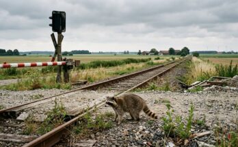 Waschbär sitzt an einem geschlossenen Bahnübergang vor einer leeren Baustellenfläche