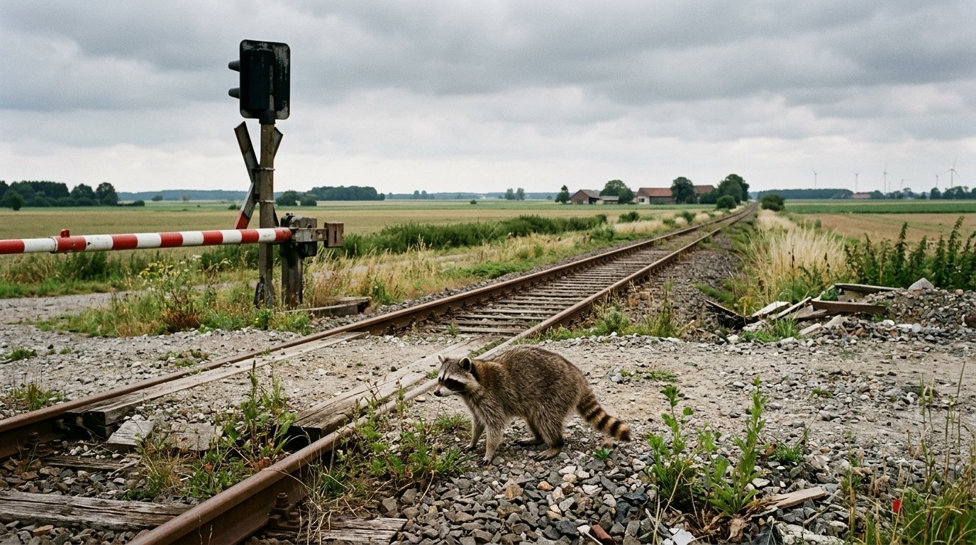 Sondervermögen Infrastruktur Satire: Waschbär sitzt an einem geschlossenen Bahnübergang vor einer leeren Baustellenfläche
