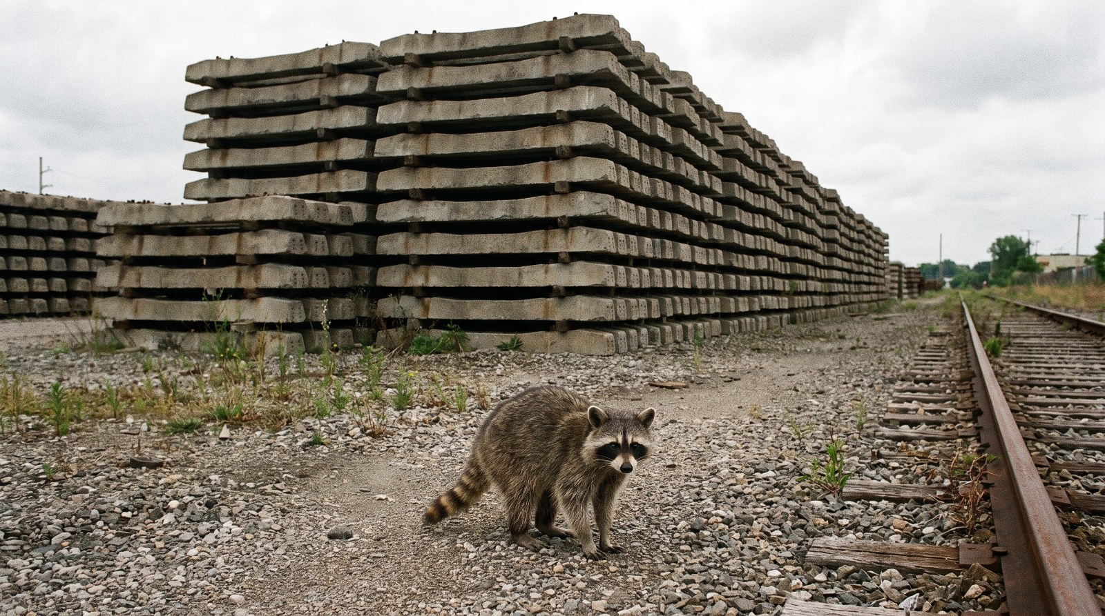 Waschbär steht vor einem großen Stapel Betonschwellen auf einem Lagerplatz