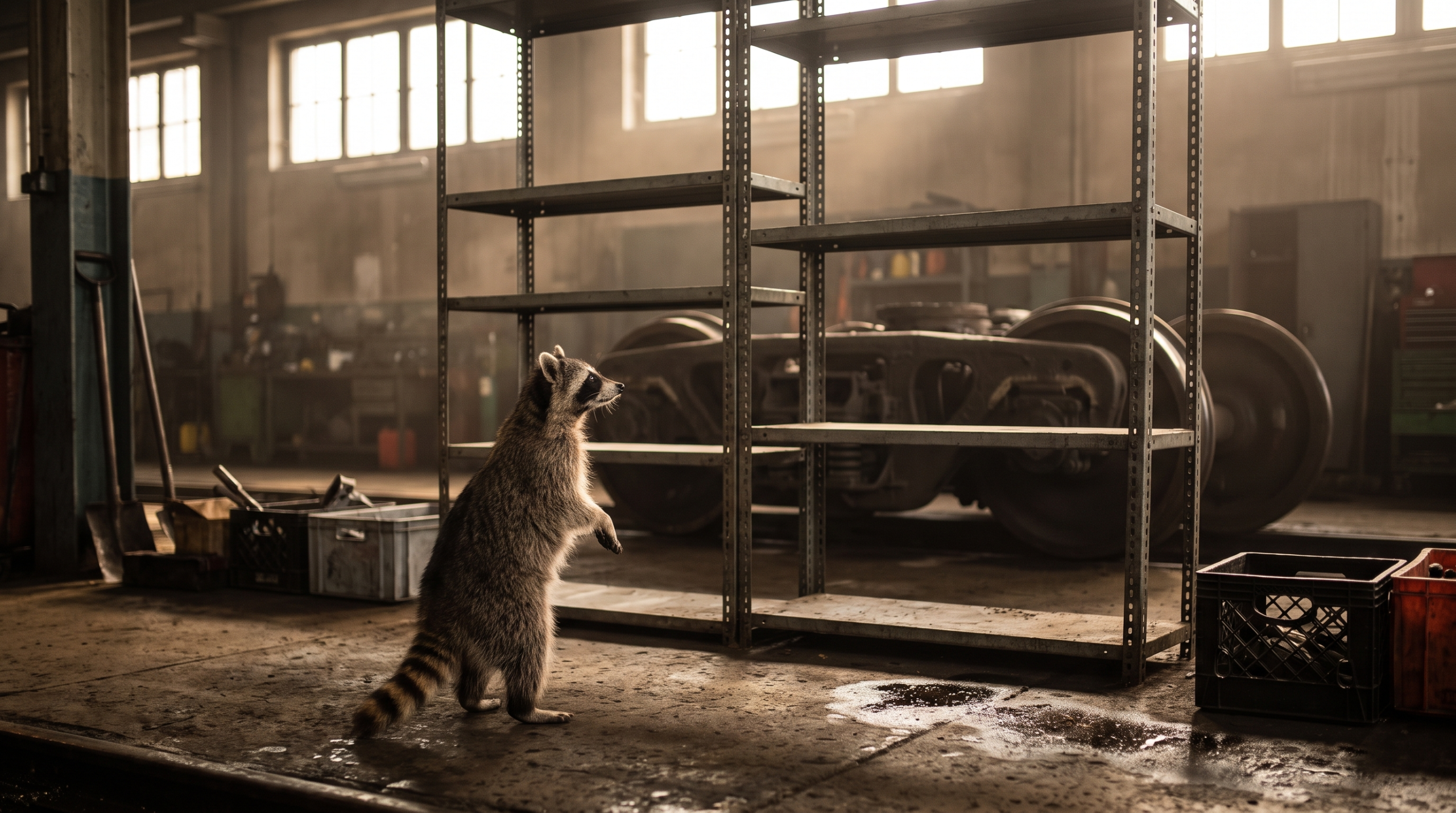 Ersatzteile Satire: Waschbär steht vor einem leeren Regal in einer Bahnwerkstatt