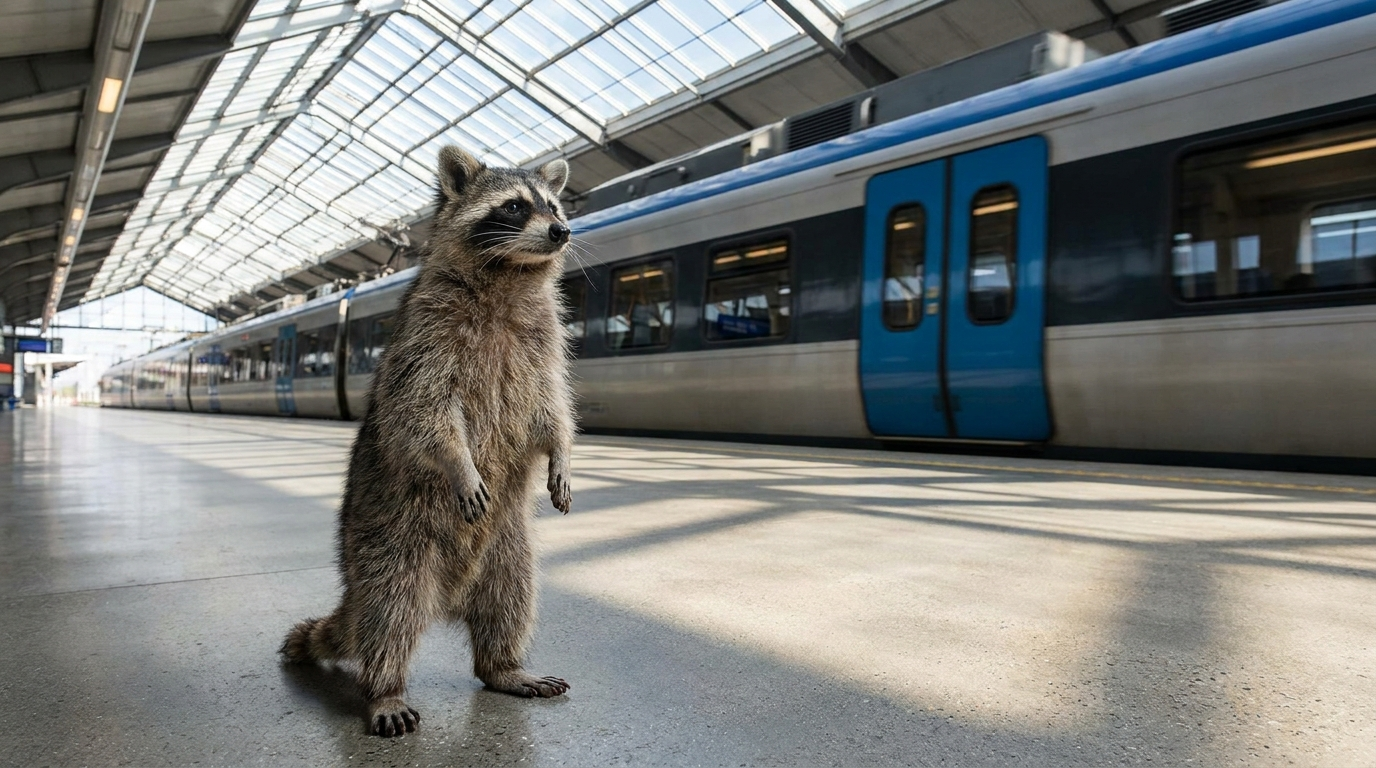 Spanien Bahnpreise Satire: Waschbär steht in einer hellen Bahnhofshalle vor einem modernen Zug