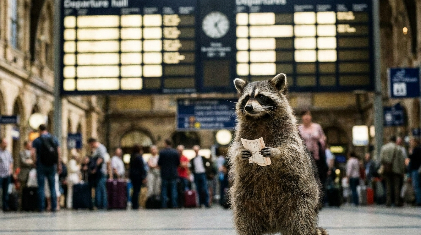 Sparpreis Satire: Waschbär steht vor einer Anzeigetafel in einer Bahnhofshalle und hält eine Fahrkarte