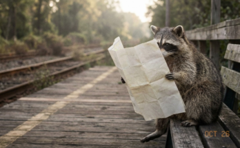 Streckensperrung 2036 Satire: Waschbär sitzt auf einer Bank am Bahnsteig neben einem aufgeklappten großen Faltplan