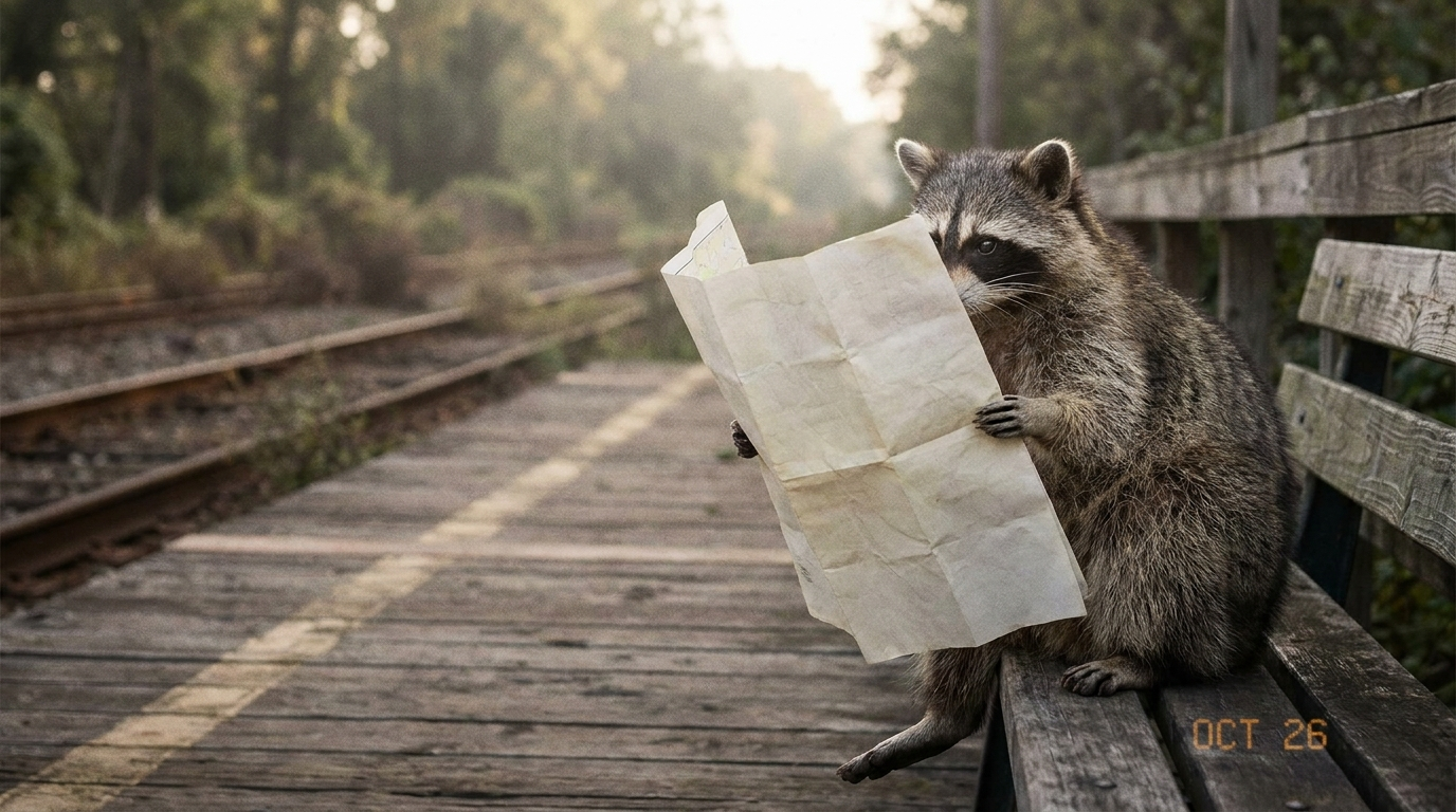 Streckensperrung 2036 Satire: Waschbär sitzt auf einer Bank am Bahnsteig neben einem aufgeklappten großen Faltplan