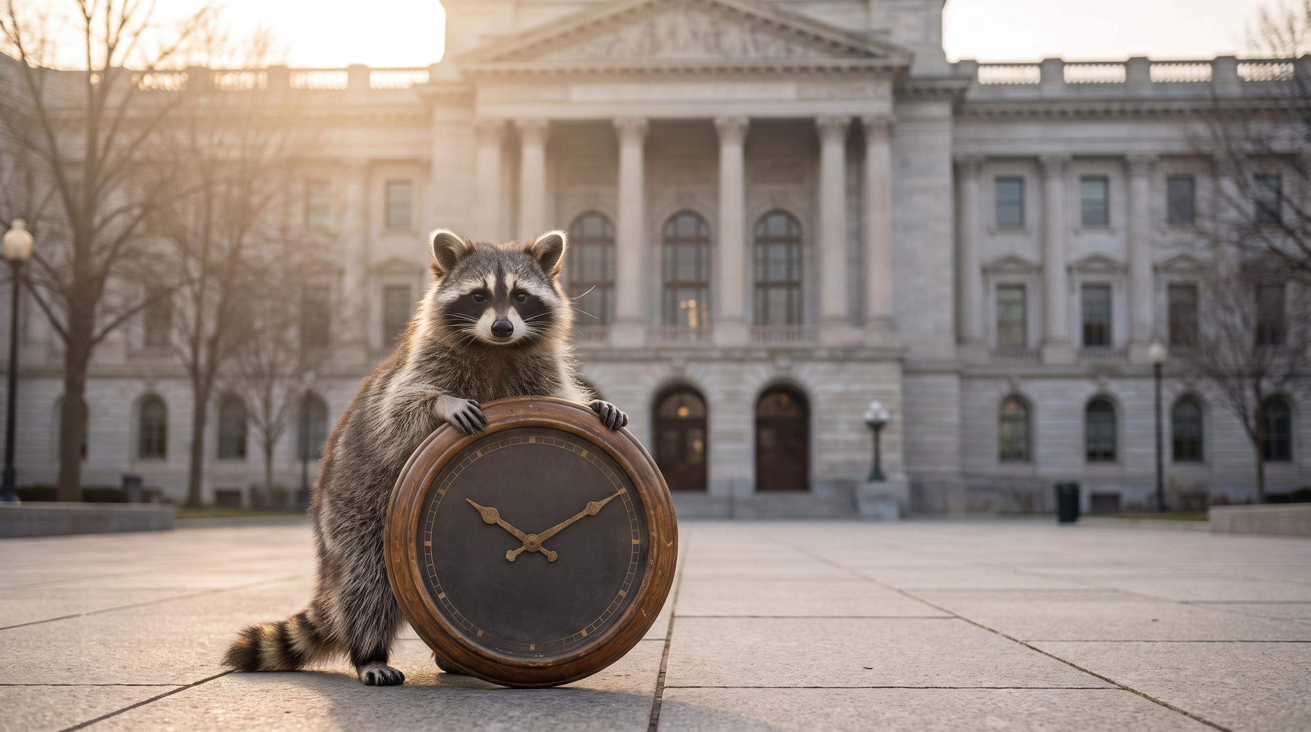 Pünktlichkeit Satire: Waschbär hält eine große Uhr vor einem Ministeriumsgebäude