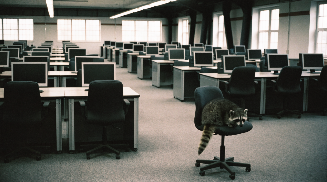 Stabsstelle Personalgewinnung Satire: Waschbär sitzt auf einem herausgedrehten Bürostuhl in einem leeren Großraumbüro