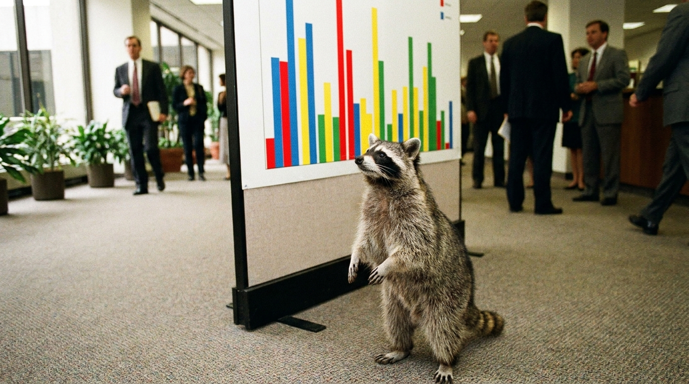 Statistik Satire: Waschbär steht vor einer großen Schautafel mit Balken unterschiedlicher Höhe